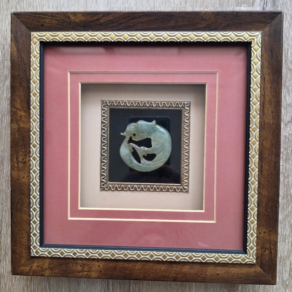 Shadow box framed Handcarved Jade Dragon